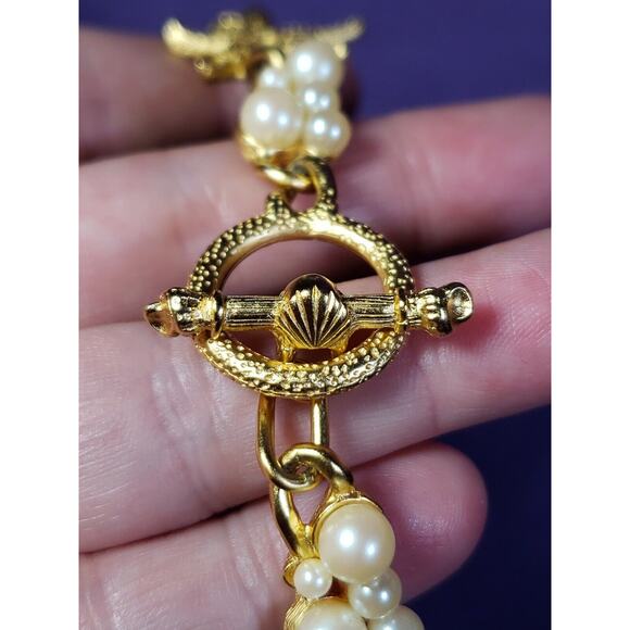 Yellow Gold Plated Starfish and Faux Pearl Cluster Bracelet, Toggle Clasp, 8" - Picture 6 of 16